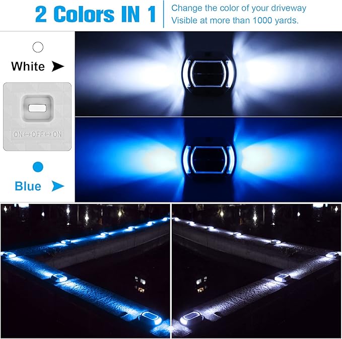 VOLISUN Solar Driveway Lights Dock Deck Lights 4-Pack2 Colors in 1 LED Solar Powered Waterproof Outdoor Warning Step Light for Driveway Sidewalk Pathway (White/Blue)Auto On/Off