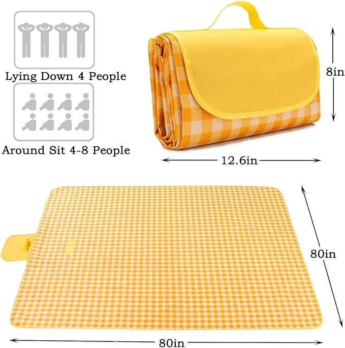 Outdoor Picnic Blanket 80''x80'' Extra Large Picnic Blankets Foldable Waterproof Sandproof Beach Blanket Portable Picnic Mat for Camping Park Hiking Travel Grass Playground - Yellow Stripe
