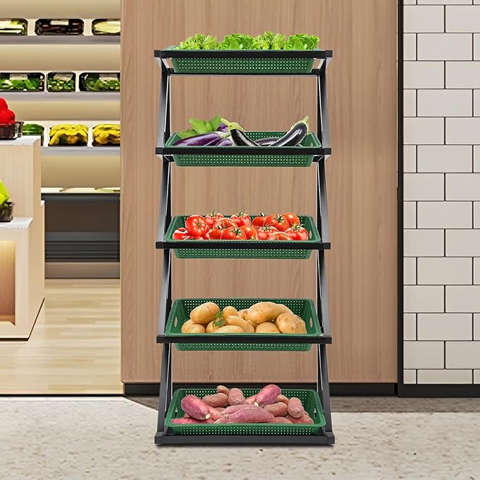 5 Tier Retail Display Rack Market ShelfFruit Vegetable High Capacity Storage Basket StandMarket Retail Display for Kitchen Office Store Supremarket (Black Basket)