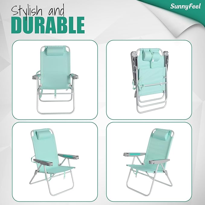 SUNNYFEEL Oversized Tall Folding Beach Chair Lightweight 17 Portable Sand Chair for Adults Heavy Duty 500 LBS with Cup Holders Foldable High Camping Lawn Chairs for Camp/Outdoor/Picnic/Sports