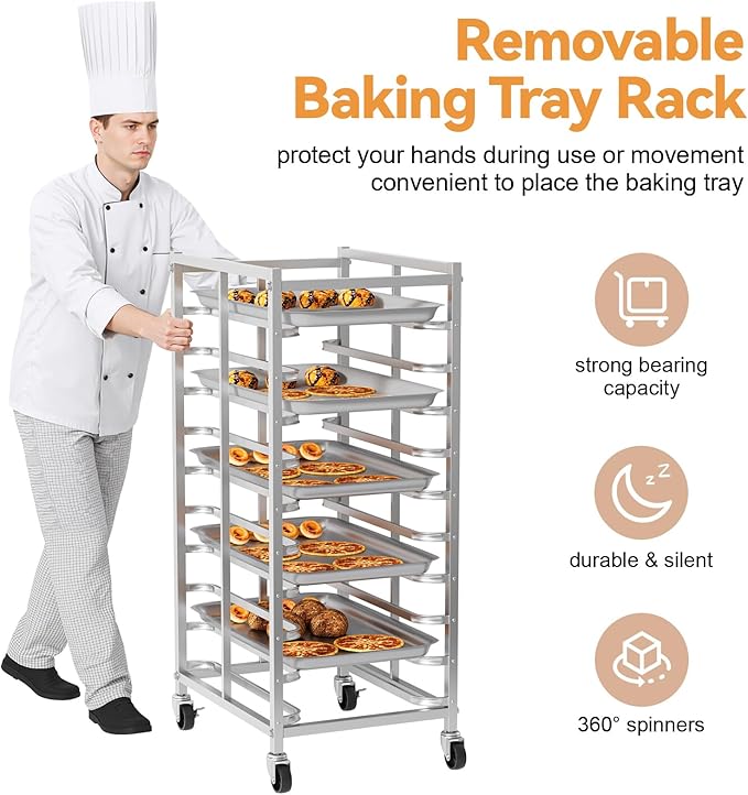 10 Tier Bakers Rack with Wheels Pan Rack Stainless Steel Baking Sheet Pan Cart for Half &amp Full Size Commercial Speed Rack with Brake Casters for Kitchen Bakery Restaurant (10)