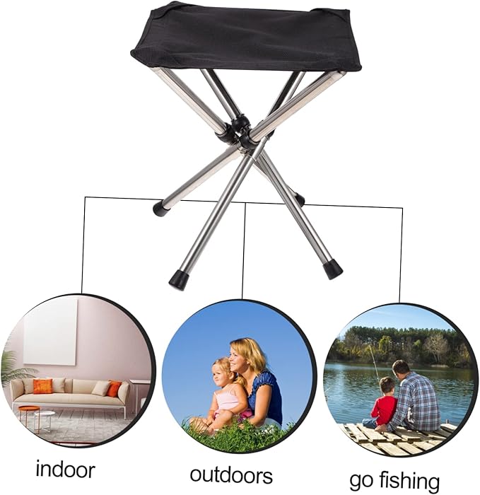 Kisangel Portable Folding Stool Adjustable Height Outdoor Camping Chair Stainless Steel Lightweight Collapsible for Fishing Tailgating and Travel