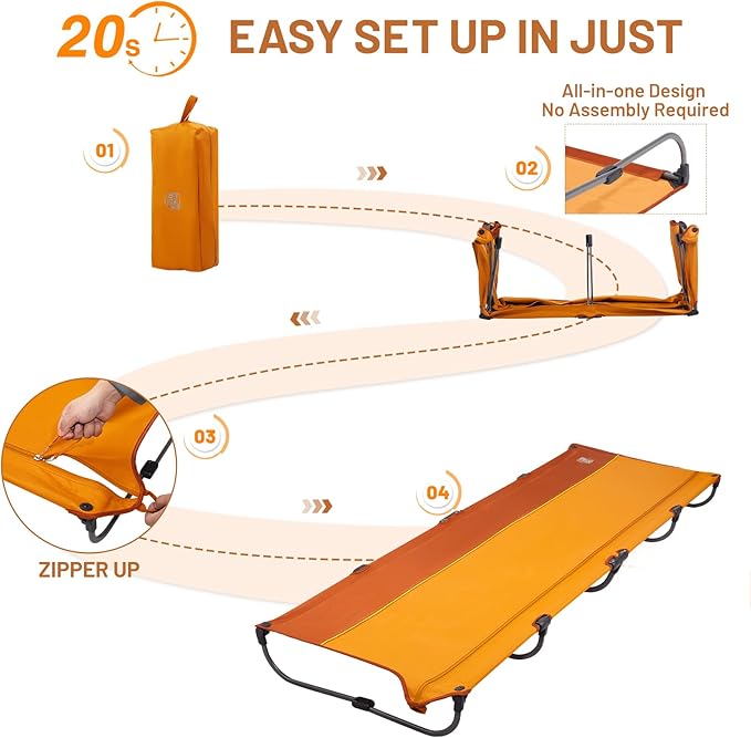 TIMBER RIDGE 20-Second Quick Set-Up Camping Cot Lightweight Aluminum Folding Cot Low Profile with Zipper Closure Portable Carry Bag for Camping Travel and Outdoors Support up to 225lbs Orange