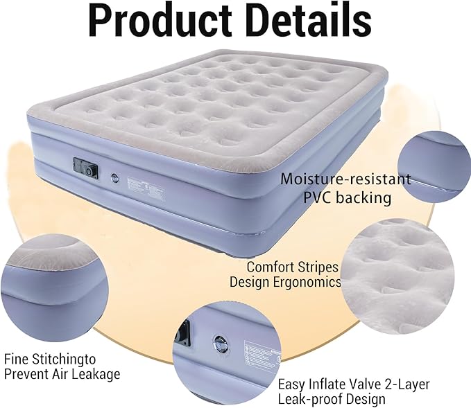 Queen Air Mattress Bed with Built in Pump16 Inches High Queen Airbed Inflatable MattressComfort Thickened Blow Up Air MattressTravel Sleeping Pad for Guests Home(Queen Size)