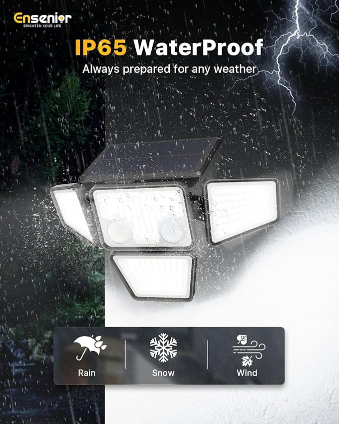 Ensenior Solar Lights Outdoor 2600LM Motion Sensor Outdoor Light with Remote Control IP65 Waterproof 279 LED 4 Heads Solar Security Light with 4 Mode 270° Wide Angle Solar Flood Light 2 Packs