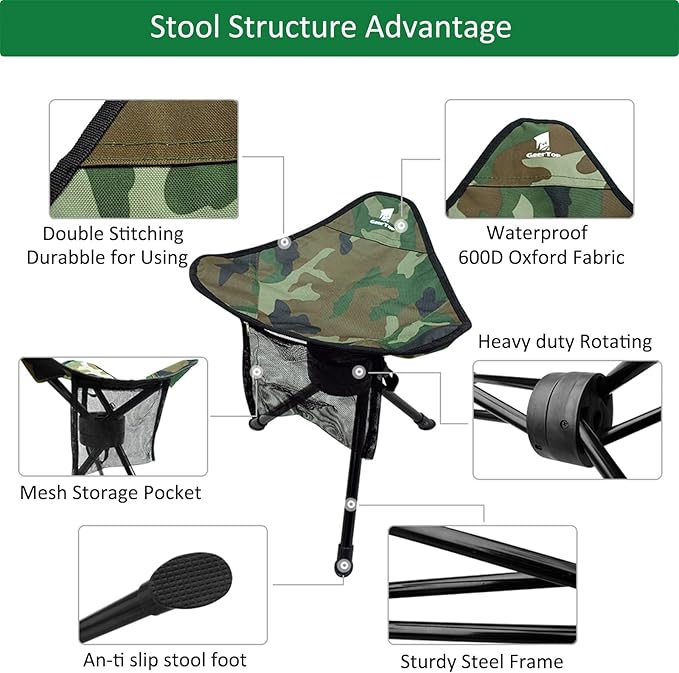 GEERTOP Portable Camping Swivel Folding Stool Seat Foldable Camp Tripod Chair Outdoor Survival Gear for Hiking Fishing Hunting Travel