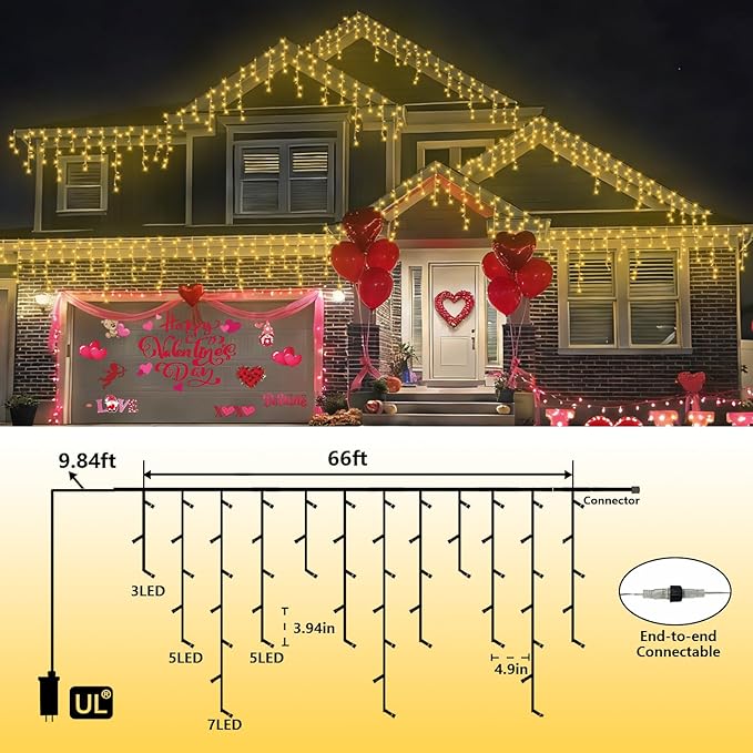 YEGUO 66ft 800 LED Icicle Lights Outdoor 160 Drops Icicle Christmas Light Connectable 8 Modes Warm White Xmas Icicle Lights with Memory Timer