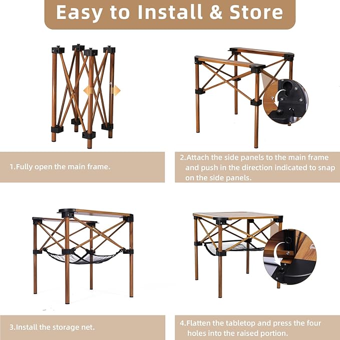 Folding Camping Table Portable Lightweight Aluminum Camp Table Roll Up Top with Storage Net for Outdoor Camping Picnic Backyards BBQ(Woodgrain 15.8 x 15.8 x 15.8in)