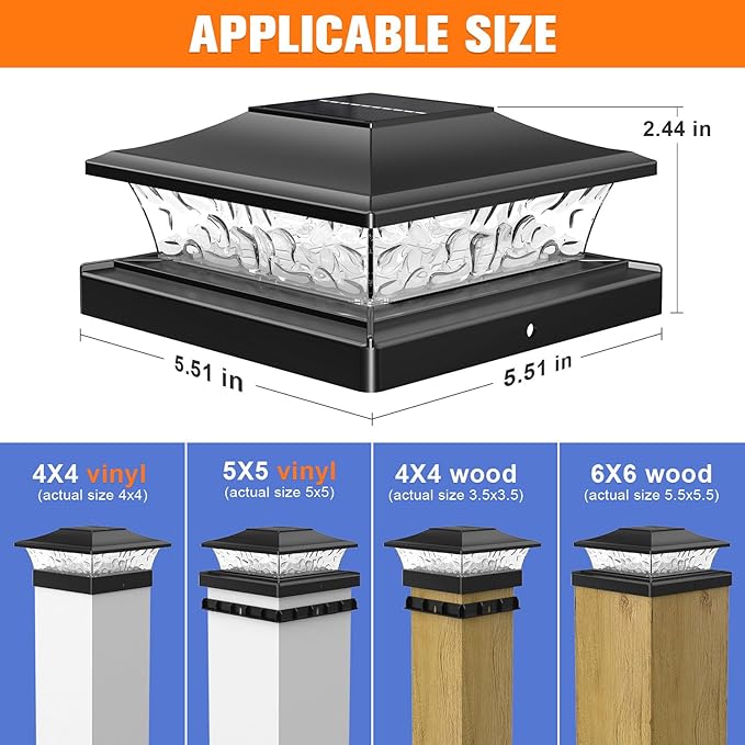APONUO Solar Post Cap Lights with 8 RGB Solid Colors &amp Multicolor Flow - 8 Pack 6x6 Post Cap Solar Light IP65 Waterproof - Fits 4x4 5x5 6x6 Wood &amp Vinyl Posts - Black