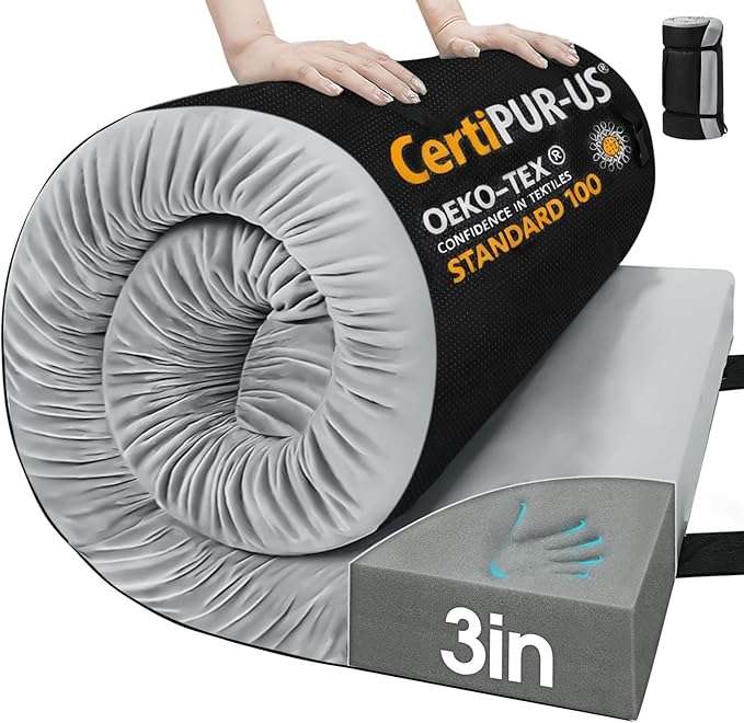 CYMULA Memory Foam Camping Mattress Pad3inch Sleeping Pad for CampingNon-Slip Bottom Floor Cot Car Mattress Bed with Retaining Portable Roll up Mattress Pad Mat for Travel Truck Guest Bed Tent