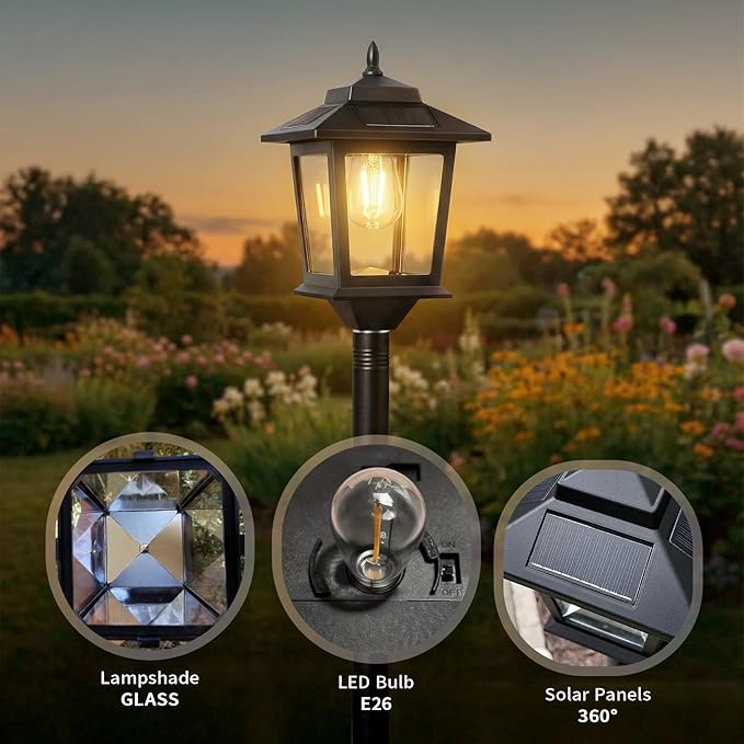 PASAMIC Outdoor Solar Post Lights 2-Pack 63 Dusk to Dawn Solar Lamp Posts Waterproof Floor Lamps Warm White Pole Lights for Patio with Replaceable Bulb