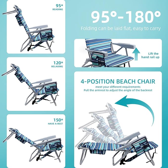 Beach Chairs for Adults Heavy Duty Compact Portable Lay Flat Folding Chair with Backpack Straps and Large Cooler Pouch Support to 350LBS (Stripes_Blue&ampCyan)