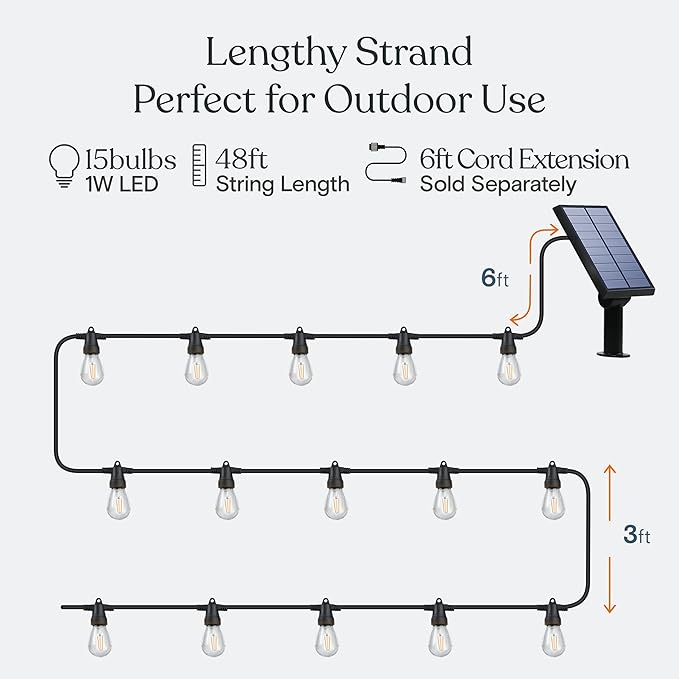 Brightech Ambience Pro Solar Powered Outdoor String Lights 48ft Remote Control Commercial Grade Waterproof Patio Lights 15 Edison Bulbs Shatterproof LED String Lights for Outside - 1W Soft White