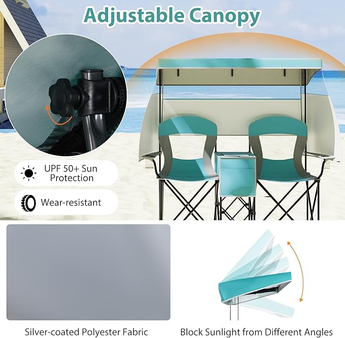 Goplus Double Beach Chair w/Adjustable Canopy Oversized Folding Camping Chair w/Roll-up Shade Cooler Bag Cup Holders Carrying Bag 2-Person Portable Loveseat for Sports Fishing (Turquoise)