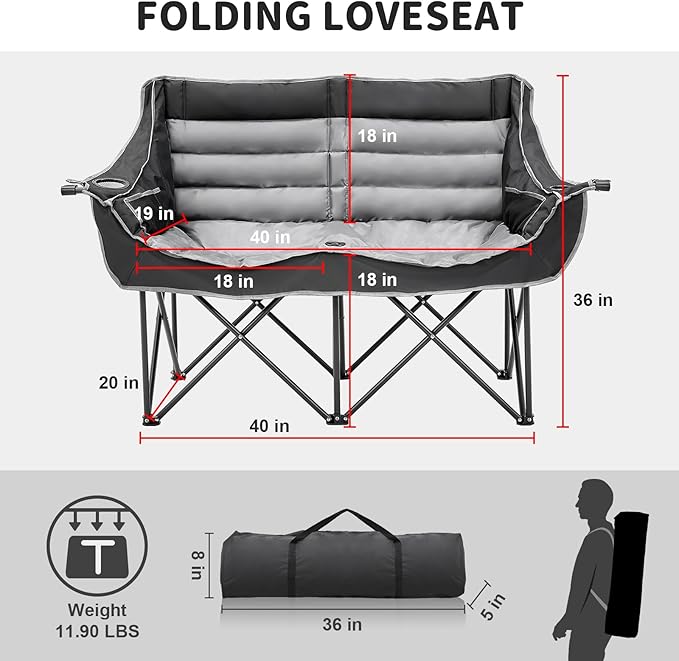 Double Camping Chair for Adults 2 Person Loveseat Camping Chair with Cup &amp Wine Glass Holder Portable Padded Double Folding Chair for Outdoor Camp Lawn Picnic Sports Support 500LBS (BLACK+GREY)