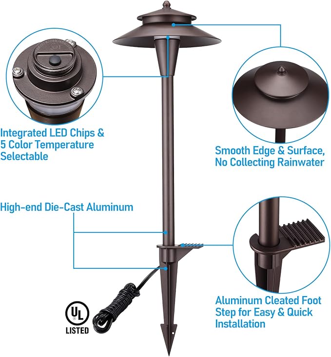 LEONLITE 5CCT Low Voltage Pathway Lights 12-24V LED Landscape Path Light 1800/2700/3000/4000/5000K Double Layer CRI90 IP65 Waterproof Landscape Lighting Aluminum Oil Rubbed Bronze Pack of 6
