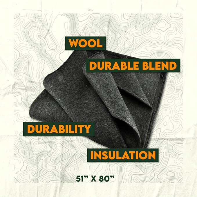 SE 51x 80 Multipurpose Gray Wool Blanket - 50% Wool Lightweight 2 lb Zippered Bag Included - Ideal for Camping Hiking Emergency Survival