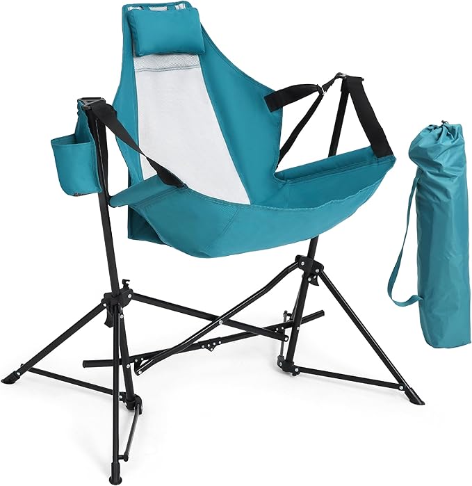 HOMEFUN Hammock Camping Chair - Portable Swinging Chairs for Adults with Stand and Storage Bag Oversized Folding Rocking for Lawn Camp Fishing Hiking Blue