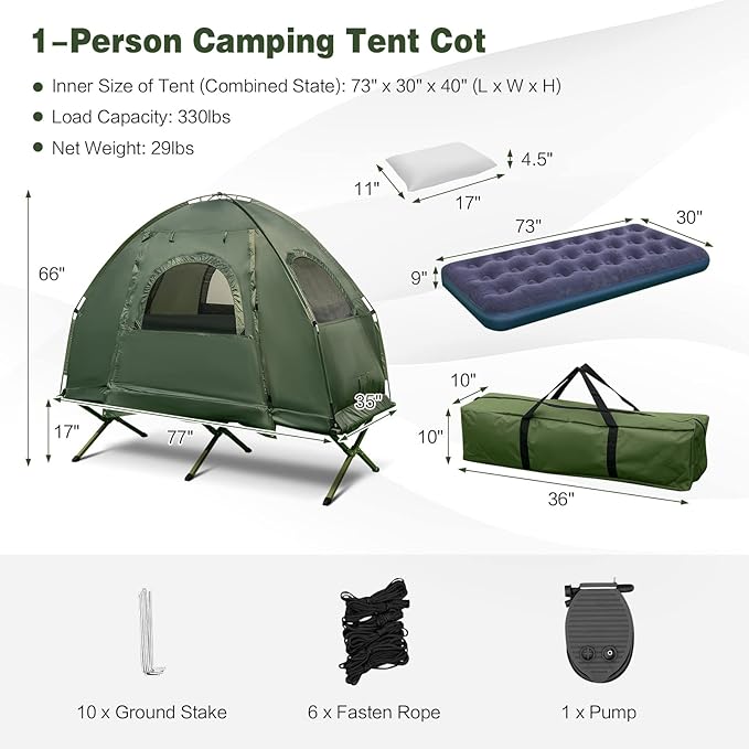 Safstar 5-in-1 Tent Cot Camping Cot Tent with Air Mattress Sleeping Bag Camping Cot Awning &amp Air Pillow Carrying Bag Off The Ground Tent Elevated Tent Cot for Camping Hiking Picnic Travel