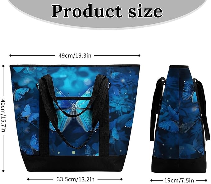 Insulated Shopping BagLarge Reusable Cooler Bags Blue Beautful Butterfly Printed Foldable Shopping BagTravel Waterproof Shoulder Bag
