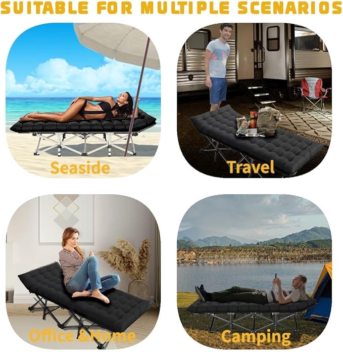 Oversized XXL Folding Camping Cot W/Mat for AdultsHeavy Duty Outdoor Bed with Carry Bag1200 D Layer Oxford Portable Travel Camp Cots Extra Wide Sleeping Cots (Black With Comfortable Mattress)