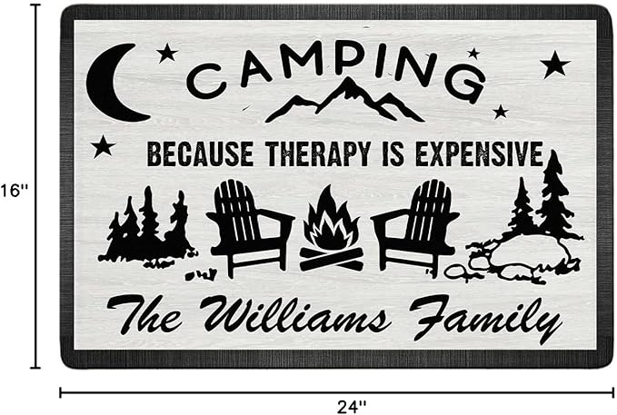 Personalized Welcome To Our Campsite Doormat - Custom Text &amp Family Name Camping Because Therapy is Expensive Door Mat RV Accessories for Inside Outside Camper Decorations Welcome Motorhome Gift