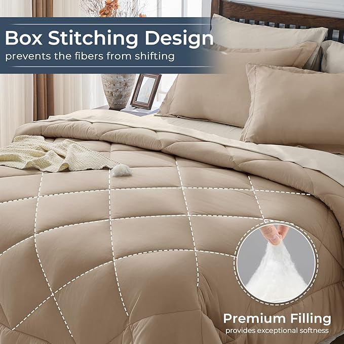HEVUMYI Khaki &amp Linen King Comforter Set - 7-Piece All Season Bed in a Bag King Ultra Soft Bedding Set with Comforter Flat Sheet Fitted Sheet Pillowcases Pillow Shams