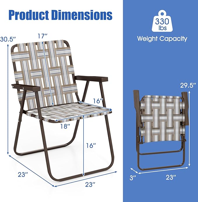 Giantex 4-Pack Lightweight Folding Camping Chairs 330 LBS Beach Chairs with Armrests No Assembly Needed Portable Webbed Lawn Chair for Picnic Fishing Patio Yard Outdoor Events Brown