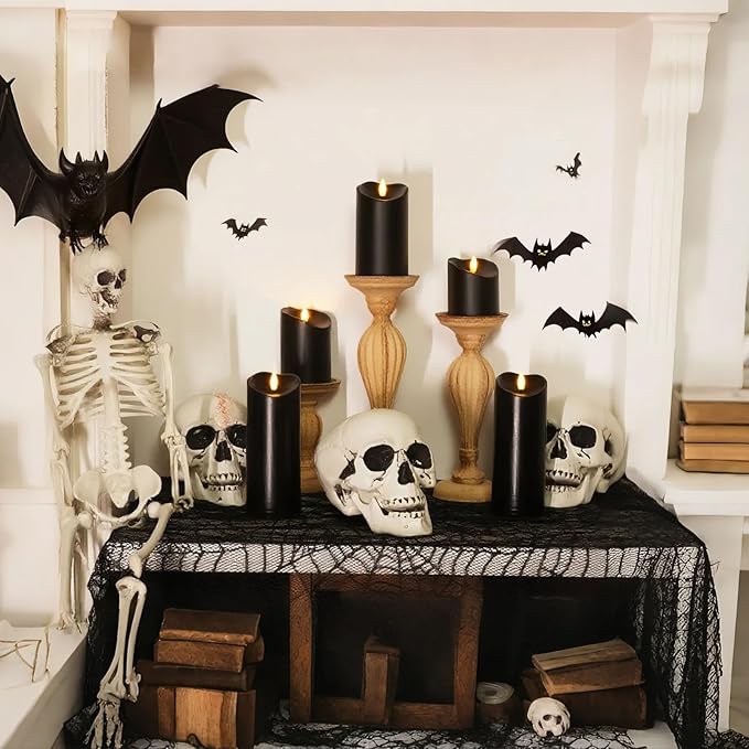 Amagic Black Halloween Flameless Candles with Remote Waterproof Outdoor Candles Battery Operated with Timer Plastic Flickering LED Pillar Candle for Holiday Theme Party Pumpkin Decor Set of 5