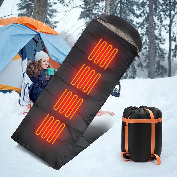 Heated Sleeping Bags for Adults Compact Waterproof 3 Gear Temperature Sleeping Bag Camping Essentials USB Rechargeable Heating Pads 4 Heating Areas for Backpacking Hiking