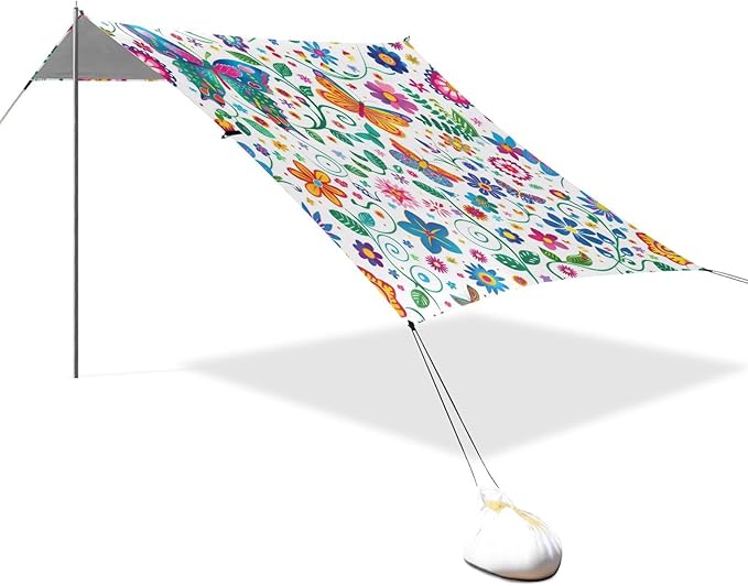 Colorful Butterfly Beach Tent Sun Shelter 9.2' x 10.5' Beach Canopy with 4 Sandbags 4 Stability Poles Sand Shovels - Tent Canopy for Beach Camping Fishing Picnics