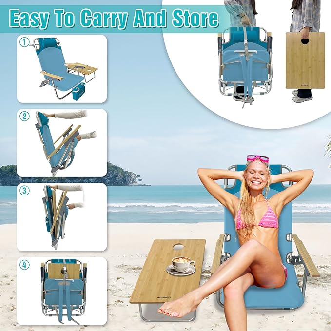 Folding Backpack Beach Chair for Adults &amp Teens Aluminum 5-Position Lay Flat Lounge Chair with Camping Bamboo Table 200LBS Beach Reclining Chair Outdoor with Cooler Bag Cyan