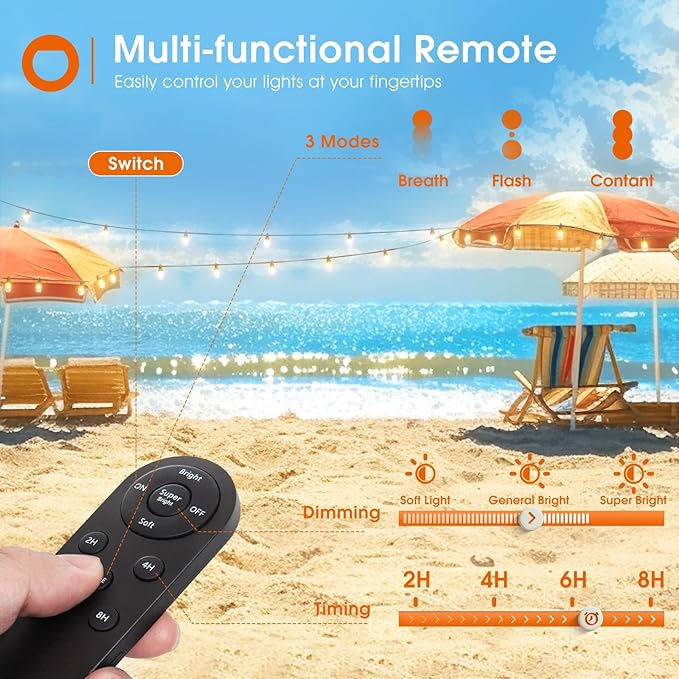 addlon 54FT Solar String Lights Outdoor Waterproof with USB Charging &amp Remote Control - Dimmable Solar Power Patio Lights with 26 LED Bulbs for Porch Garden Yard Market Bistro - Lasts 20+ Hrs