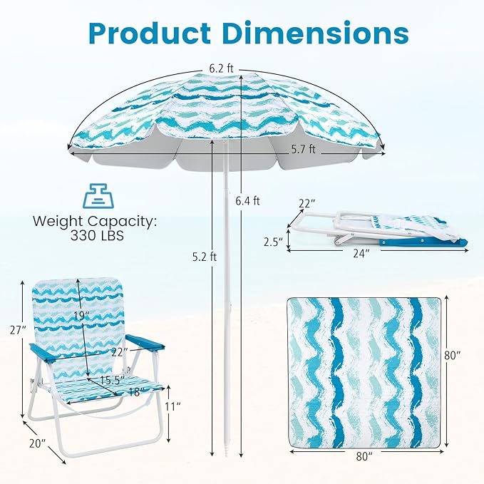 GYMAX Beach Chair with Umbrella Set of 4 Including 2 Folding Chairs Blanket Adjustable Parasol &amp Carry Bag Camping Chairs with Sunshade for Beach Patio Poolside Deck Lawn Picnic