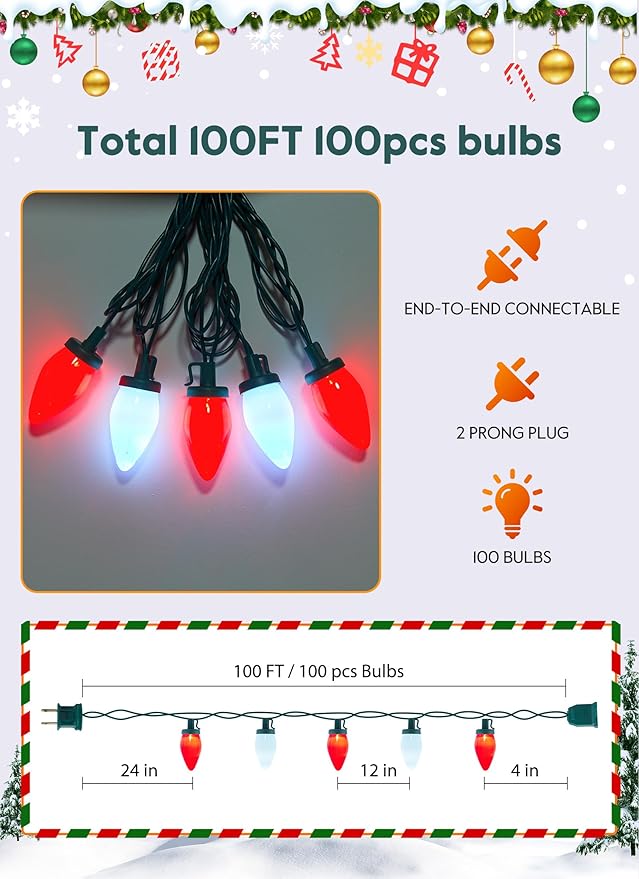 Moonflor C9 LED Christmas Lights Outdoor 100ft Feet 100 LED Strawberry String Lights with 50 Spring Clamps Waterproof Commercial Grade Extendable for Indoor OutdoorRed and Pure White