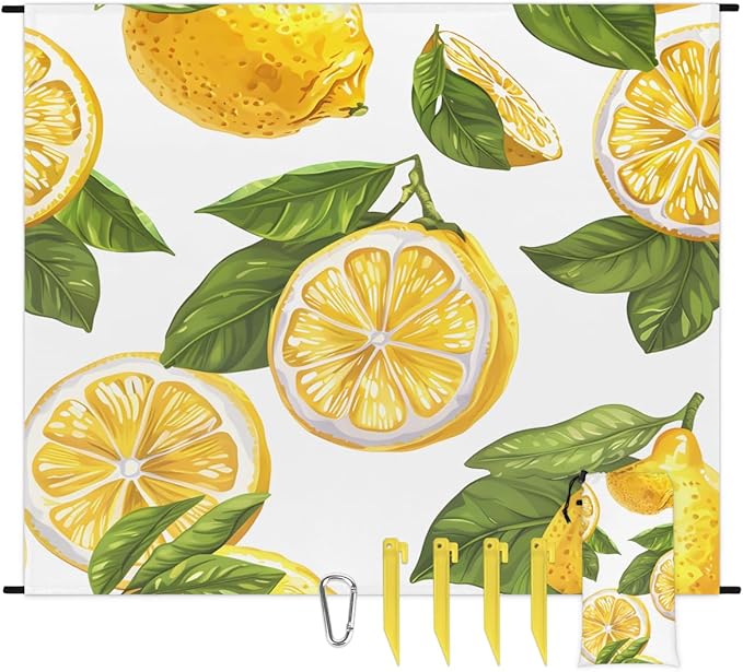 Waterproof Sandproof Beach Blanket 59''×68'' Lemon Polyester Outdoor Picnic Blanket with 4 Stakes &amp Storage Bag for BeachCampingVacation White Background