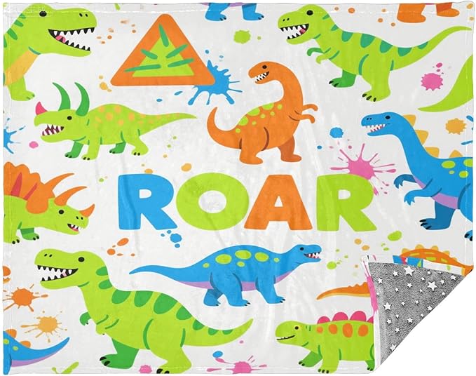 Blanket Throw For Women Cartoon Roaring Dino Fluorescent Blue Green White Sofa Throws 50x70 Inches