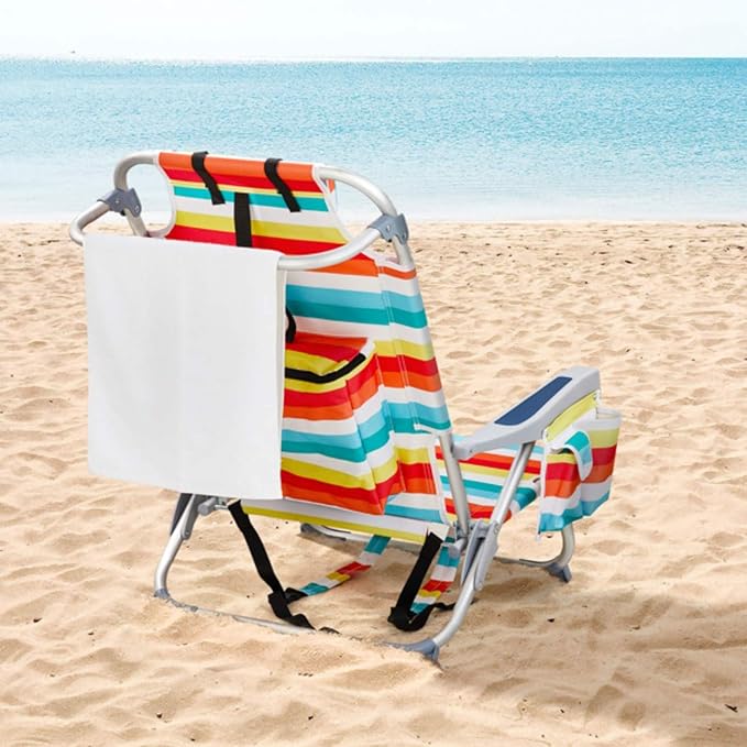 Backpack Beach Chair for Adults 5-Position Portable Outdoor Reclining Camping Chair Lightweight Folding Chairs with Headrest Cup Holders Cooler Bag Towel Bar Shoulder Strap (Rainbow)