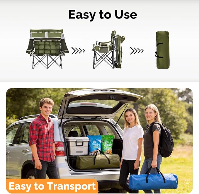 VINGLI Oversize Double Camping Chair with CanopyBeach Chair with Canopy Shade Portable Camping Loveseat with 2 Storage Bags for Outdoor Soccer Sport Events Beach or Camping