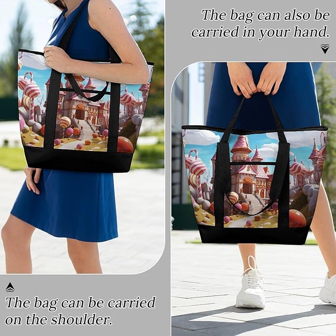 Insulated Shopping BagLarge Reusable Cooler Bags Candy Land Printed Foldable Shopping BagTravel Waterproof Shoulder Bag