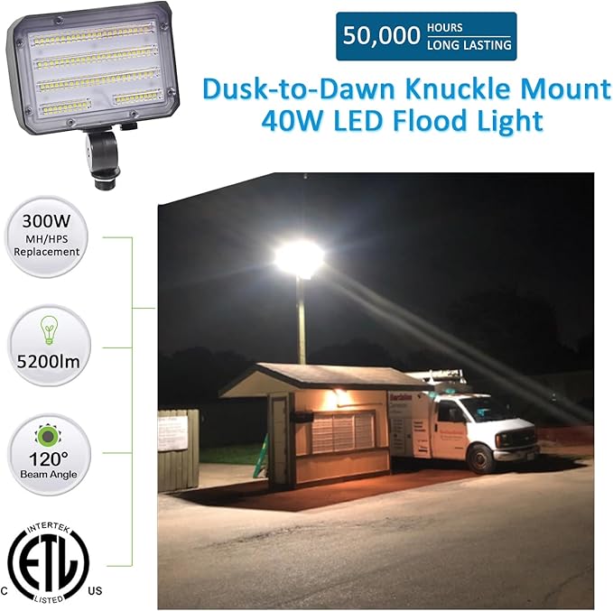 40W LED Flood Light Outdoor Security Floodlights Fixture with Knuckle Mount Base Dusk-to-Dawn Photocell Daylight 5200lm(300W Equivalent) 100-277V IP65 Waterproof for Entrance Yard (2Pack)