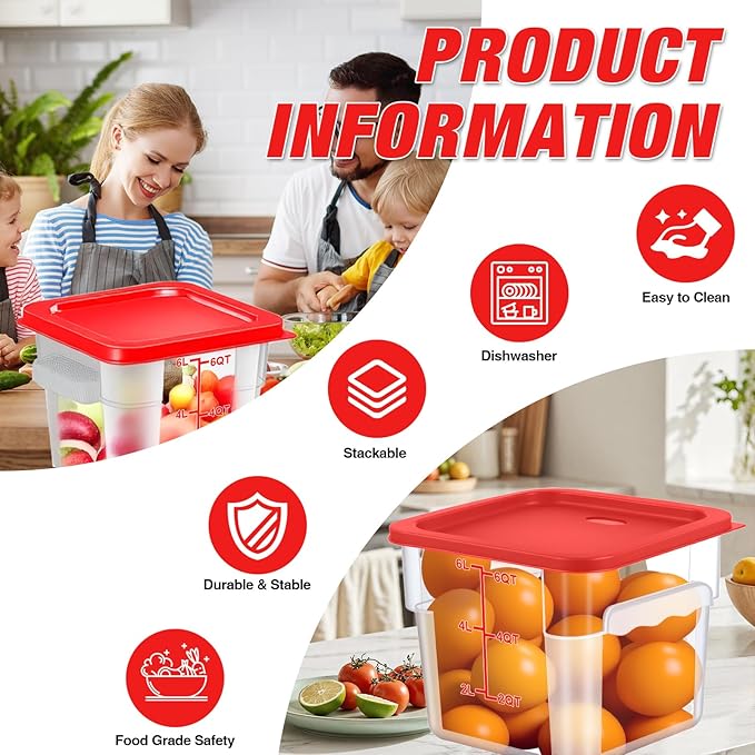 Square Food Storage Containers with Lids 4-Pack Lock-Tight Seal for Flour Sugar Cereal Keep Food Fresh BPA-Free Stackable Kitchen Canisters with Measurements (Red 6QT-4PACK)
