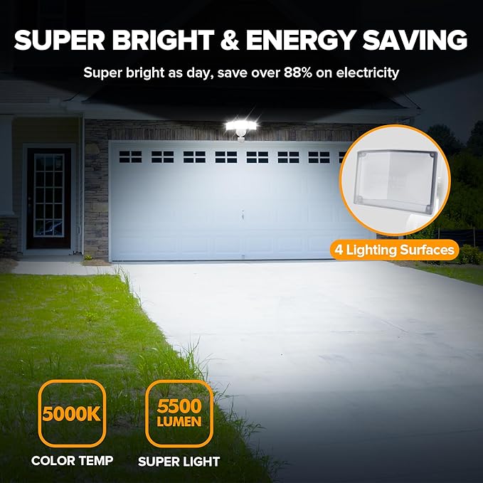 UME 49W 5500LM LED Security Lights Motion Sensor Light Outdoor 5000K Daylight IP65 Waterproof Dusk to Dawn 3 Head Motion Detected Flood Light for Garage Yard Porch(White)