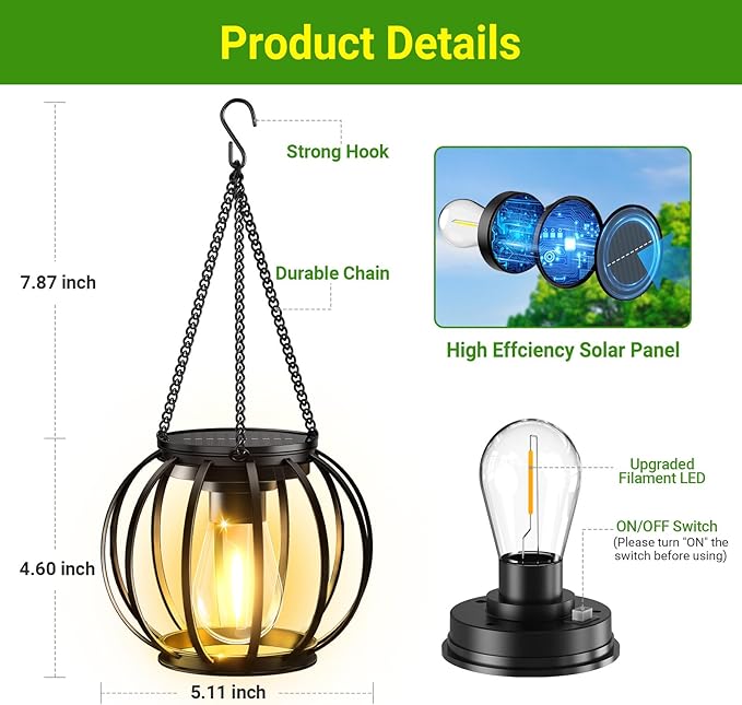 KOOPER Solar Lanterns Outdoor Waterproof Upgraded Metal Hanging Solar Lights Outdoor Lanterns Brighter Auto On/Off Outdoor Hanging Lantern for Yard Patio Pathway Porch Garden Decor 2 Pack