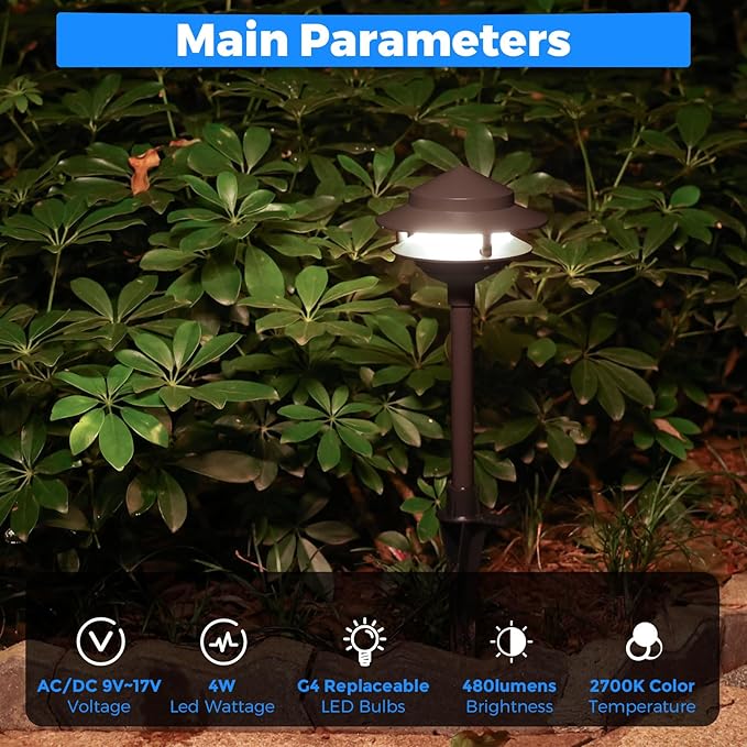 Gardencoin Pagoda Low Voltage Landscape Pathway Lights 12V Outdoor LED Path Lights Wired Aluminum Walkway Lighting with 4W 2700K Replaceable G4 Bulb Bronze Classic 2-Tier Lantern 6 Pack