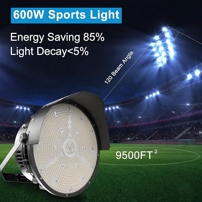 600W LED Stadium Light Outdoor 90000Lm (2400W Equivalent) Super Bright Commercial Flood Lights 5000K AC100-277V IP65 Waterproof Large Area Lighting for Sports Fields and Counts