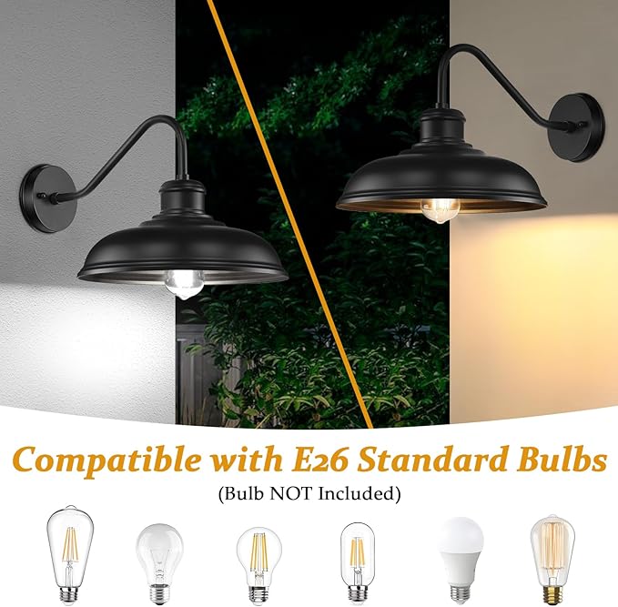 17.25” Outdoor Wall Light Fixtures 2-Pack Farmhouse Black Barn Lights Gooseneck Exterior Lighting Fixtures Wall Mounted Porch Lights Waterproof Anti-Rust Outdoor Lights for House Garage Entryway