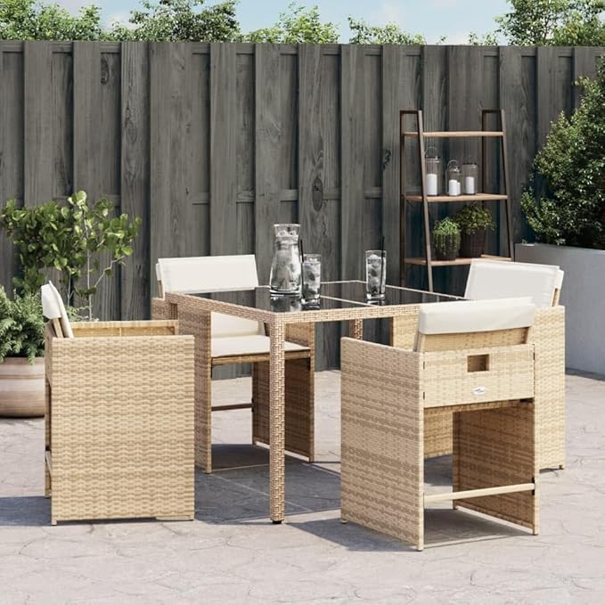Patio Chairs with Cushions 4 pcs Beige Poly Rattan Outdoor Lounge Chairs with Comfortable Cushions and Foldable Backrest for Garden Patio Balcony and Yard