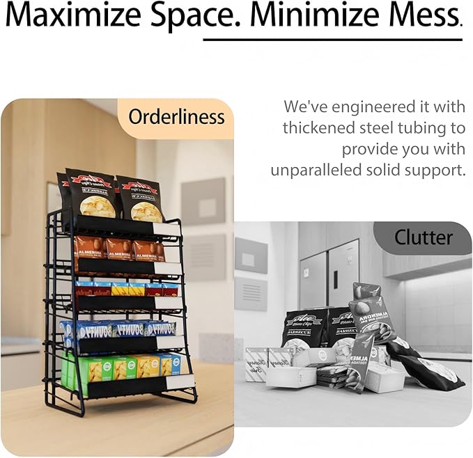 Candy Display Rack Black Snack Rack 5 Tier Metal Snack Organizer for Counter Retail Display Shelf for Store Concession Kitchen