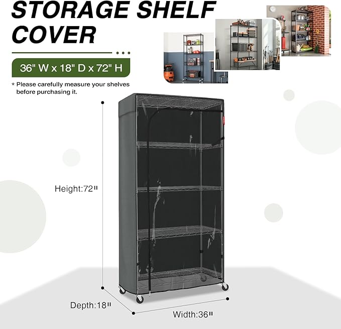 Porch Shield Storage Shelf Cover Fits 36 x 18 x 72Wire Rack - Dustproof Shelving Unit Cover with Front Transparent(Grey)